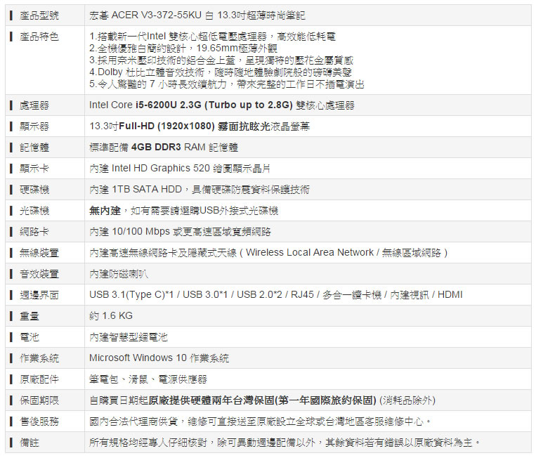 Aspire V13 V3-372-55KU規格